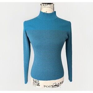 VTG 90s Mock Neck Blue Ribbed Striped Fitted Sweater Size S